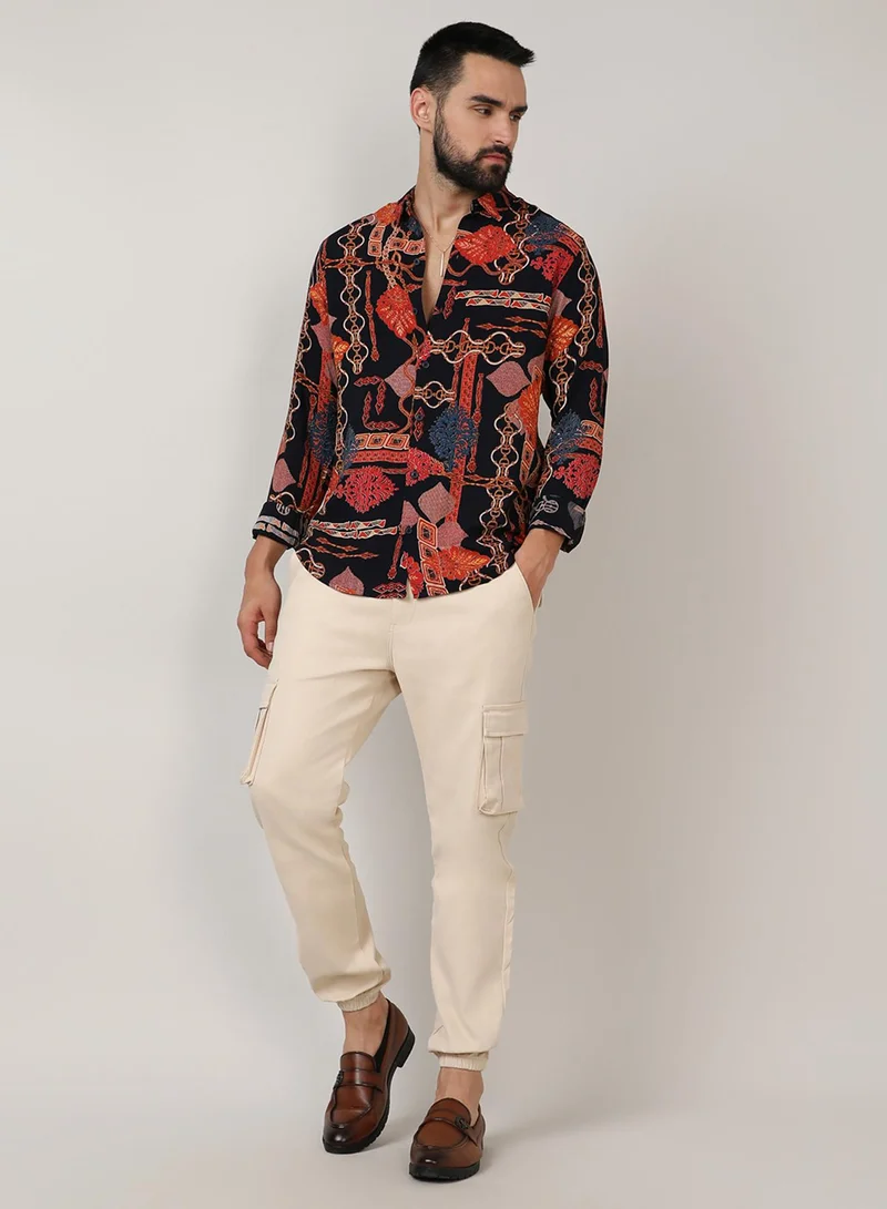 Campus Sutra Campus Sutra Men's Crimson Red & Navy Blue Artistic Block Shirt For Casual Wear | Spread Collar | Long Sleeve | Button Closure | Shirt Crafted With Comfort Fit For Everyday Wear