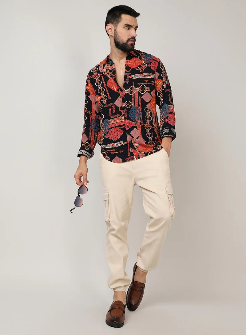 Campus Sutra Campus Sutra Men's Crimson Red & Navy Blue Artistic Block Shirt For Casual Wear | Spread Collar | Long Sleeve | Button Closure | Shirt Crafted With Comfort Fit For Everyday Wear