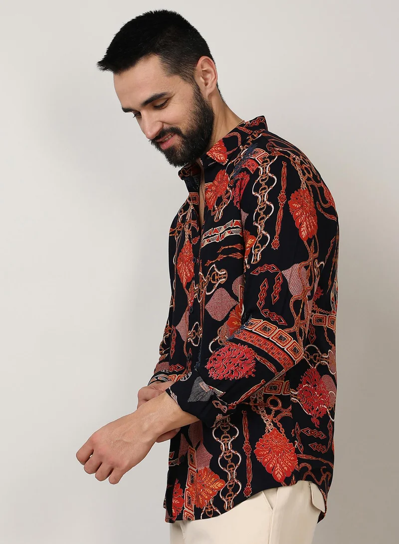Campus Sutra Campus Sutra Men's Crimson Red & Navy Blue Artistic Block Shirt For Casual Wear | Spread Collar | Long Sleeve | Button Closure | Shirt Crafted With Comfort Fit For Everyday Wear