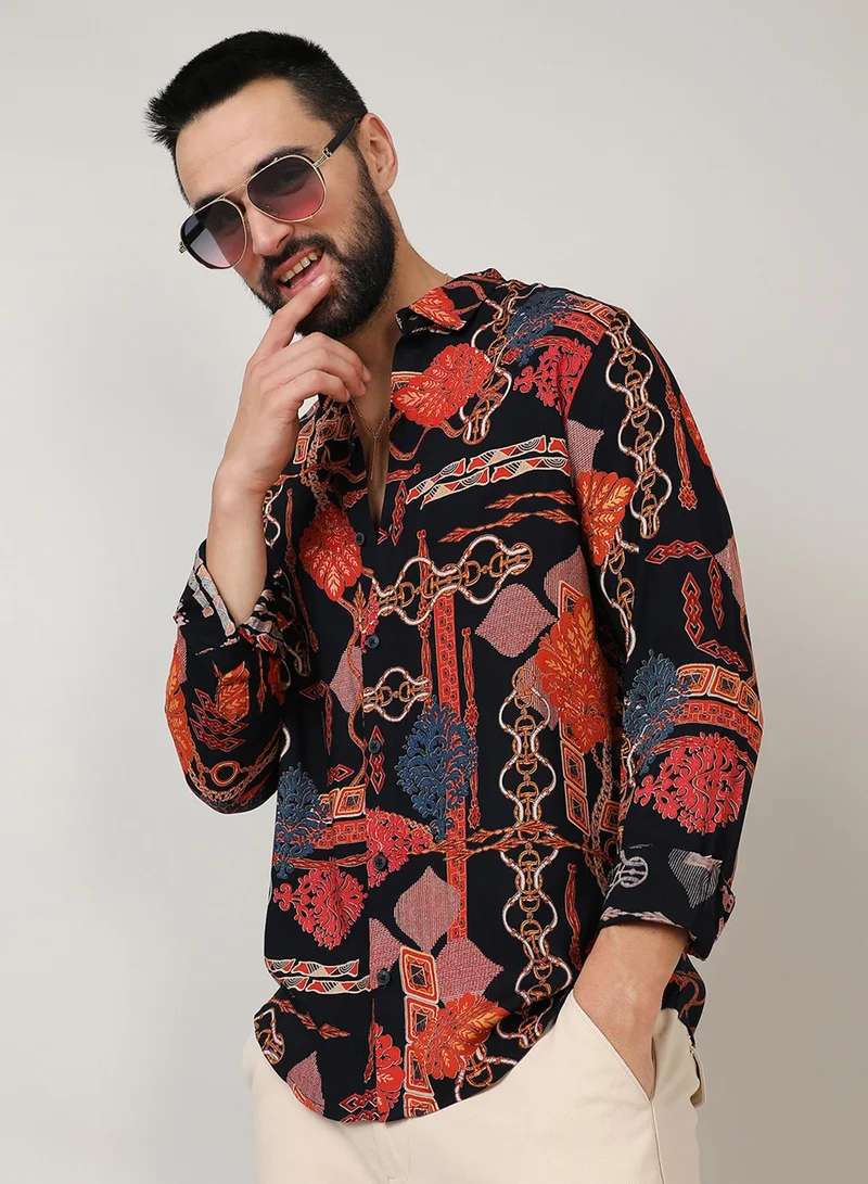 Campus Sutra Campus Sutra Men's Crimson Red & Navy Blue Artistic Block Shirt For Casual Wear | Spread Collar | Long Sleeve | Button Closure | Shirt Crafted With Comfort Fit For Everyday Wear