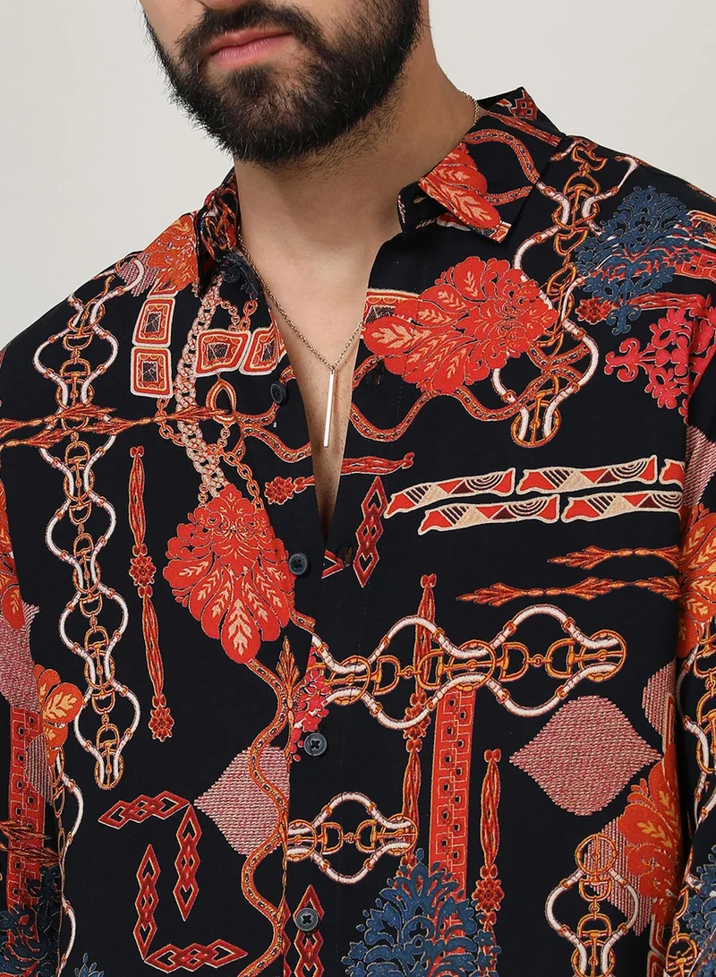 Campus Sutra Campus Sutra Men's Crimson Red & Navy Blue Artistic Block Shirt For Casual Wear | Spread Collar | Long Sleeve | Button Closure | Shirt Crafted With Comfort Fit For Everyday Wear