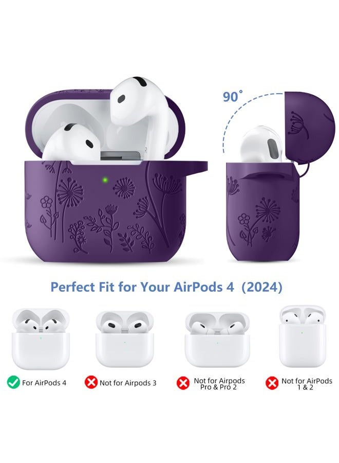 Lerobo for Airpods 4 Case Cover with Cleaner Kit, Stylish Flower Engraved Silicone Shockproof Case Cover with Keychain Compatible with Apple Airpods 4 Case 2024,Front LED Visible, Purple - Image 4