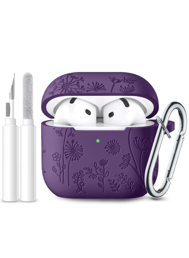 Lerobo for Airpods 4 Case Cover with Cleaner Kit, Stylish Flower Engraved Silicone Shockproof Case Cover with Keychain Compatible with Apple Airpods 4 Case 2024,Front LED Visible, Purple - Image 1