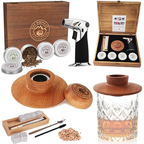 The Whiskey Underground Bourbon, Whiskey Smoker Kit - Cocktail Smoking Kit with Butane Torch, Smoke Top, Whiskey Stones - Apple, Cherry, Oak, Walnut Wood Chips - Premium Wooden Box. No Butane - Image 1