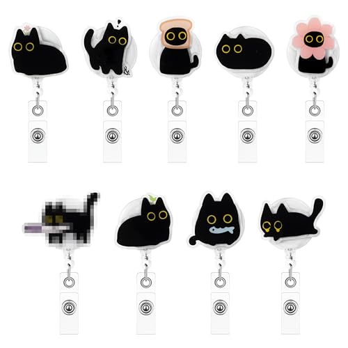 Eartim Cute Black Cat Funny Badge Reel - 9Pcs Lovely Animal Acrylic Retractable ID Badge with Metal Clip Name Tag Holder for Nurse Cat Lover Office Staff Student Birthday Gift Halloween Party Supplies - Image 1