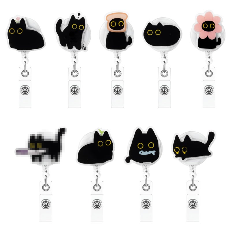 Eartim Cute Black Cat Funny Badge Reel - 9Pcs Lovely Animal Acrylic Retractable ID Badge with Metal Clip Name Tag Holder for Nurse Cat Lover Office Staff Student Birthday Gift Halloween Party Supplies - Image 5