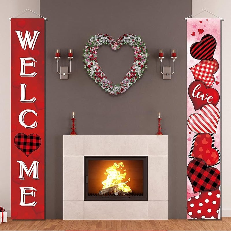 Capoda 2 Pcs Valentine's Day Door Banner Decoration Valentine Hanging Front Porch Welcome Sign Red Buffalo Plaid Love Heart Banner Romantic for the Home Wall School Office Indoor Outdoor Party Supplies Decor - Image 4