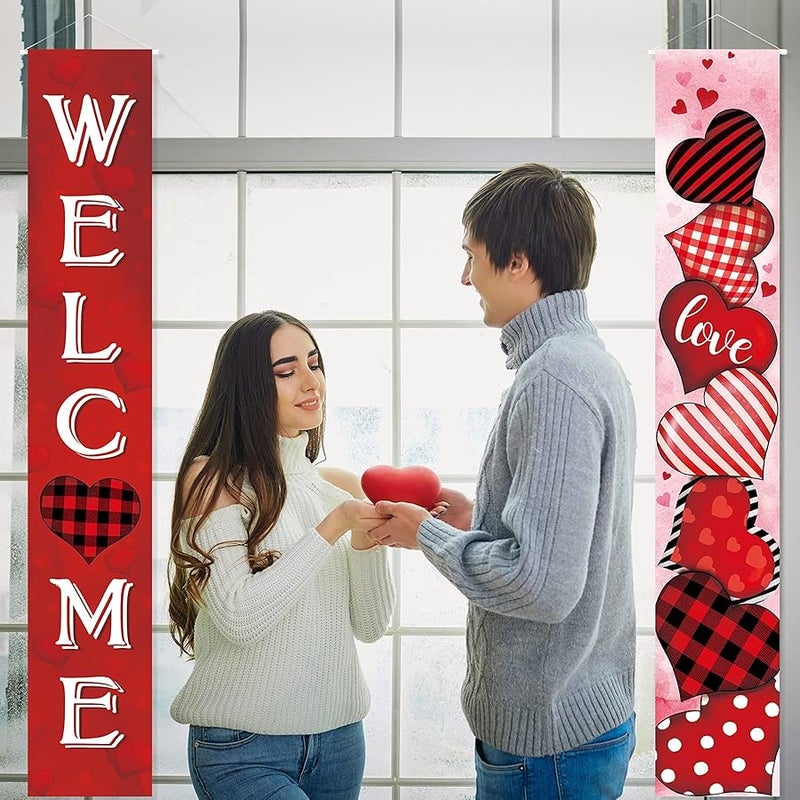 Capoda 2 Pcs Valentine's Day Door Banner Decoration Valentine Hanging Front Porch Welcome Sign Red Buffalo Plaid Love Heart Banner Romantic for the Home Wall School Office Indoor Outdoor Party Supplies Decor - Image 3