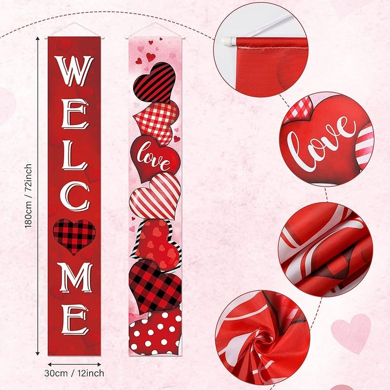 Capoda 2 Pcs Valentine's Day Door Banner Decoration Valentine Hanging Front Porch Welcome Sign Red Buffalo Plaid Love Heart Banner Romantic for the Home Wall School Office Indoor Outdoor Party Supplies Decor - Image 2