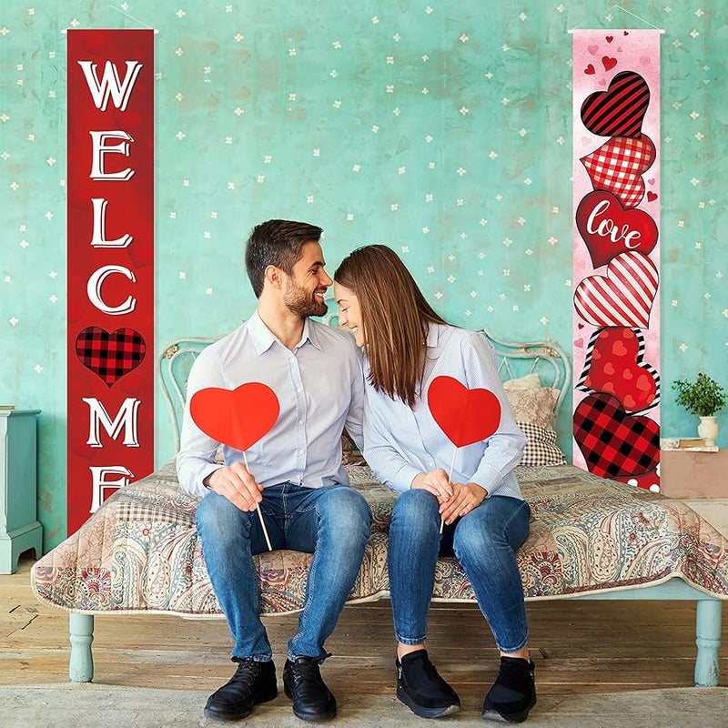 Capoda 2 Pcs Valentine's Day Door Banner Decoration Valentine Hanging Front Porch Welcome Sign Red Buffalo Plaid Love Heart Banner Romantic for the Home Wall School Office Indoor Outdoor Party Supplies Decor - Image 5