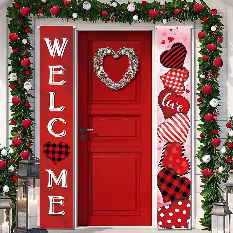 Capoda 2 Pcs Valentine's Day Door Banner Decoration Valentine Hanging Front Porch Welcome Sign Red Buffalo Plaid Love Heart Banner Romantic for the Home Wall School Office Indoor Outdoor Party Supplies Decor - Image 1