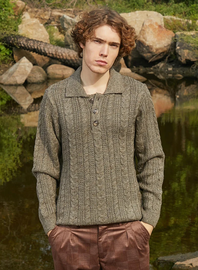 Campus Sutra Men's Olive Green Braid-Knit Collared Sweater For Casual Wear | Spread Collar | Long Cuffed Sleeves | Pull On Closure | Sweater Crafted With Comfort Fit For Everyday Wear