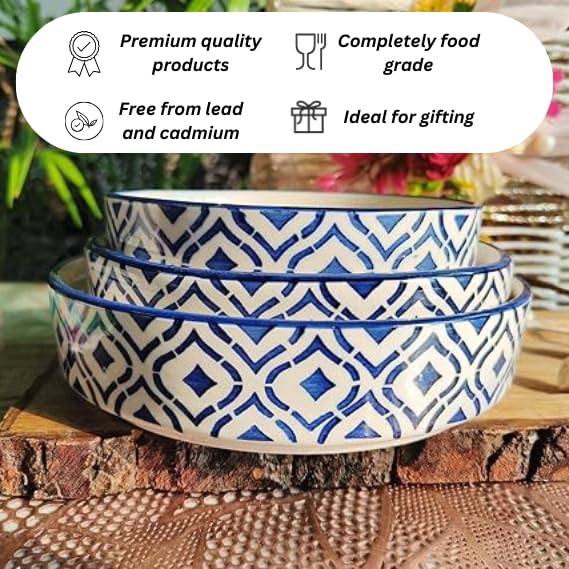 Niyara Stoneware Handmade Ceramic Stylish Premium Serving Bowls/Salad Tray Microwave Dishwasher Safe (Blue Design Salad Bowl Set of 3) - Image 4