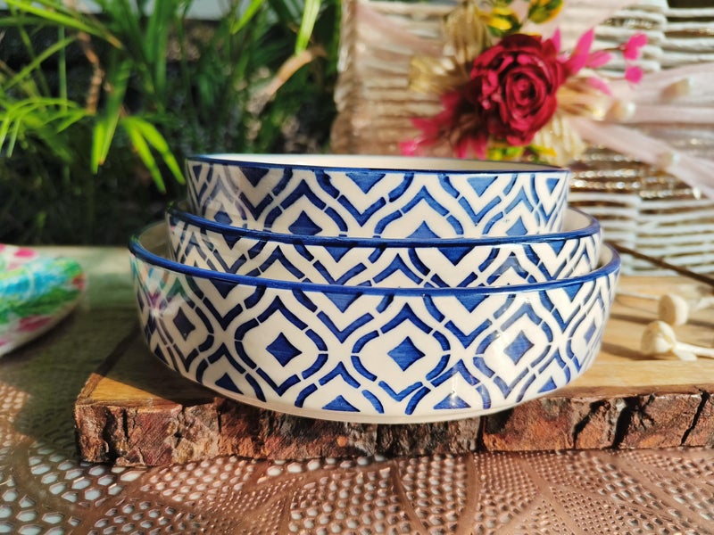 Niyara Stoneware Handmade Ceramic Stylish Premium Serving Bowls/Salad Tray Microwave Dishwasher Safe (Blue Design Salad Bowl Set of 3) - Image 3