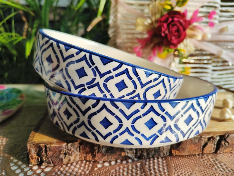 Niyara Stoneware Handmade Ceramic Stylish Premium Serving Bowls/Salad Tray Microwave Dishwasher Safe (Blue Design Salad Bowl Set of 3) - Image 2