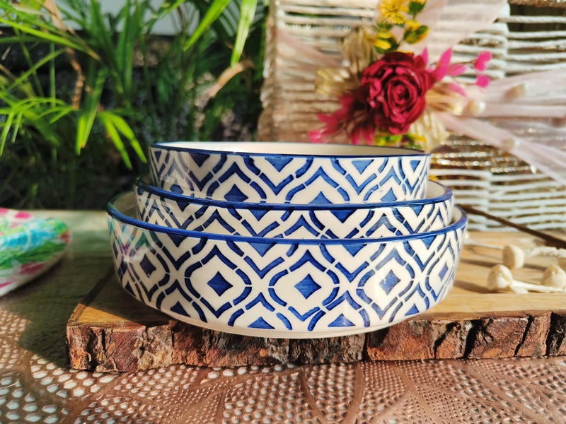 Niyara Stoneware Handmade Ceramic Stylish Premium Serving Bowls/Salad Tray Microwave Dishwasher Safe (Blue Design Salad Bowl Set of 3) - Image 1