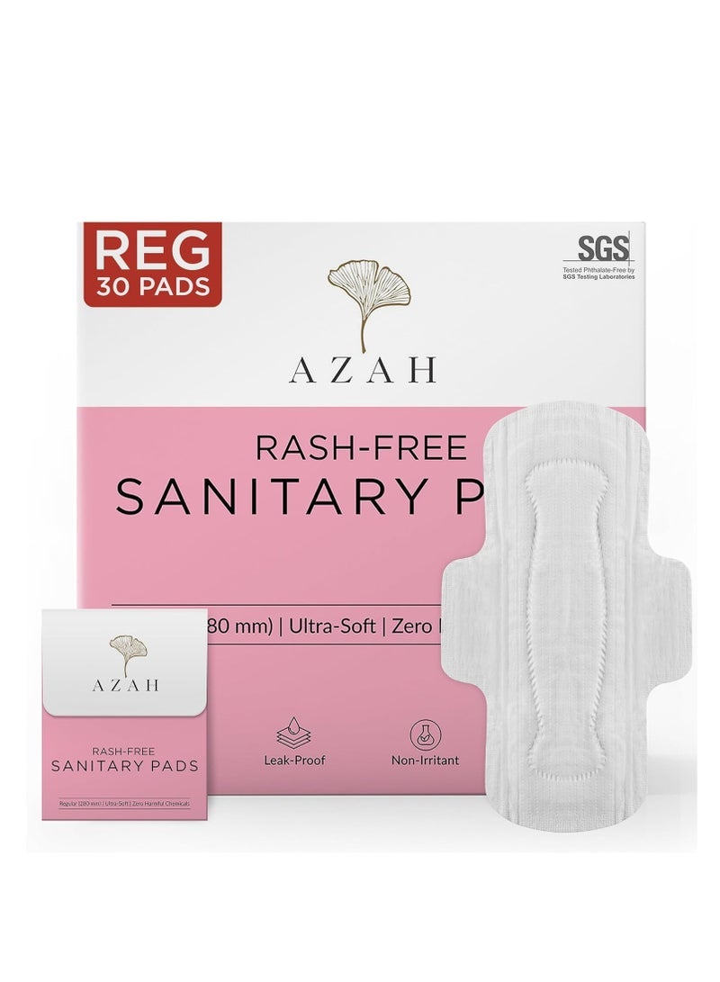 عزة AZAH فوط صحية للنساء عادي [عبوة من 30] 100٪ فوط صحية خالية من الطفح الجلدي | 3 مرات امتصاص أكثر ، غطاء علوي ناعم وجاف لتدفق كثيف | مانعة للتسرب | مع حقيبة يمكن التخلص منها - Image 1