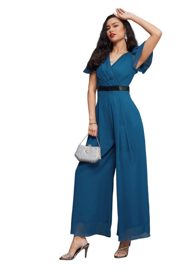 Miss Chase - Miss Chase Women's Solid Relaxed Fit Short Sleeve V-Neck Jumpsuit with Pockets (MCSS21F01-14-229-02, Royal Blue, XS) - Image 1