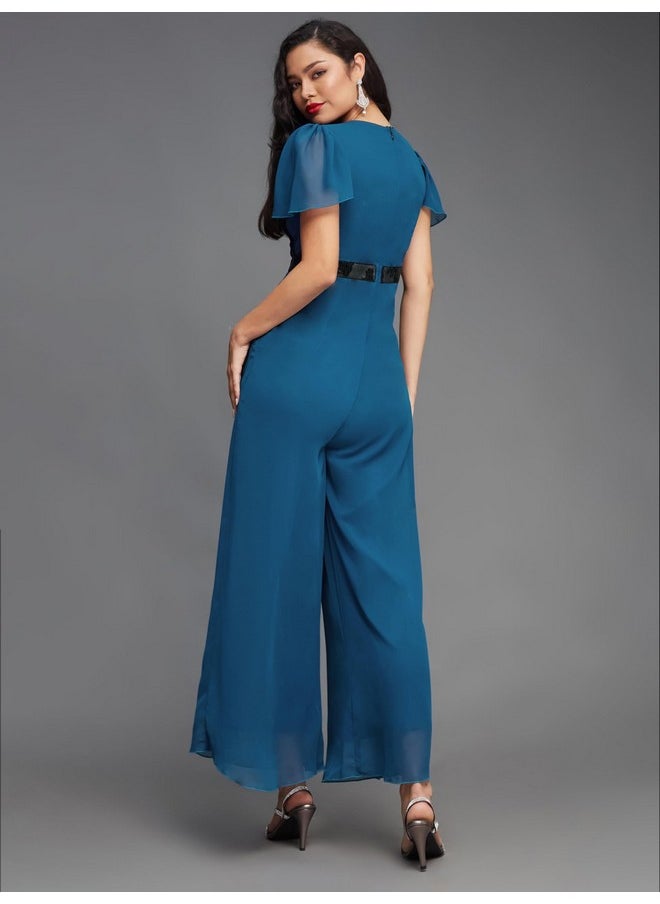 Miss Chase - Miss Chase Women's Solid Relaxed Fit Short Sleeve V-Neck Jumpsuit with Pockets (MCSS21F01-14-229-02, Royal Blue, XS) - Image 1