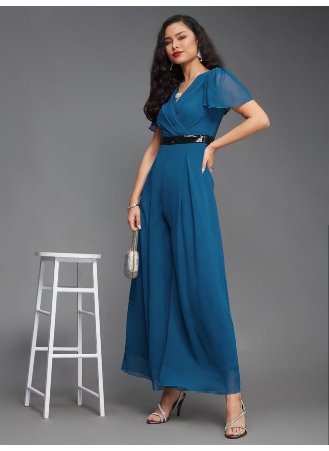 Miss Chase - Miss Chase Women's Solid Relaxed Fit Short Sleeve V-Neck Jumpsuit with Pockets (MCSS21F01-14-229-02, Royal Blue, XS) - Image 1