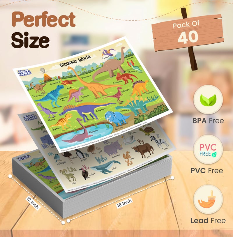 KIDDYKORNERZ 40 Pack Waterproof Disposable Placemats for Baby, Place mats for Kids, Toddler - Kids Placemats for Dining Table Tyke, Restaurants, and Travel (Dinosaur and Animal Alphabet Theme) - Image 2