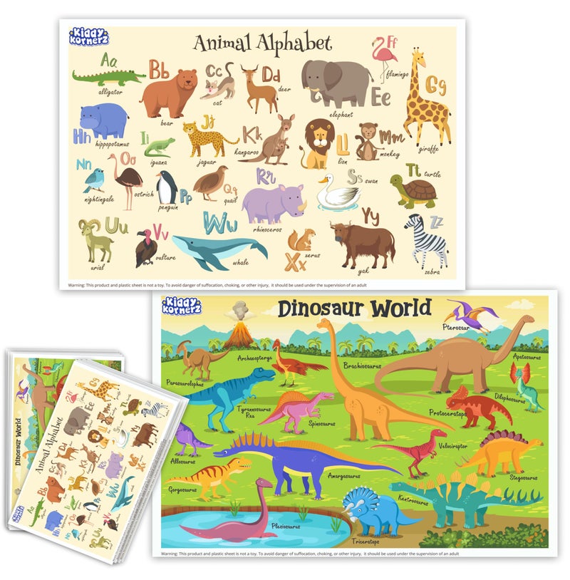 KIDDYKORNERZ 40 Pack Waterproof Disposable Placemats for Baby, Place mats for Kids, Toddler - Kids Placemats for Dining Table Tyke, Restaurants, and Travel (Dinosaur and Animal Alphabet Theme) - Image 1