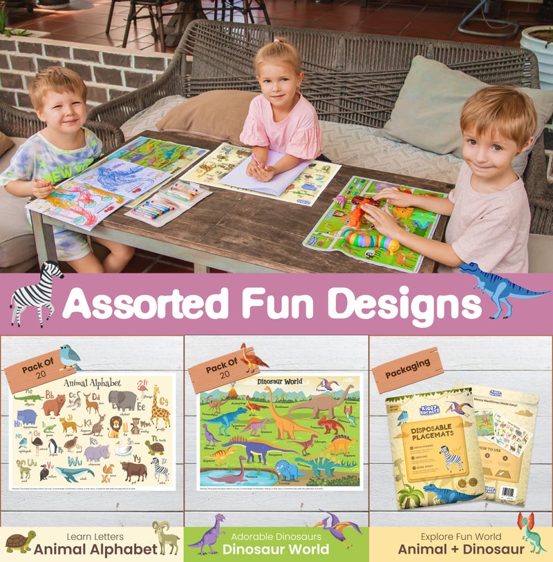 KIDDYKORNERZ 40 Pack Waterproof Disposable Placemats for Baby, Place mats for Kids, Toddler - Kids Placemats for Dining Table Tyke, Restaurants, and Travel (Dinosaur and Animal Alphabet Theme) - Image 5