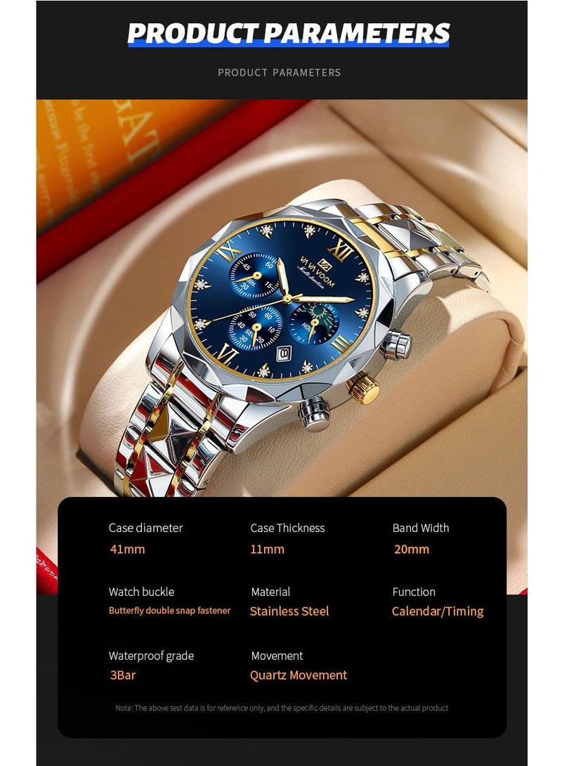 VA VA VOOM Watches For Men Stainless Steel Quartz Water Resistant Watch Gold&Silver - Image 2