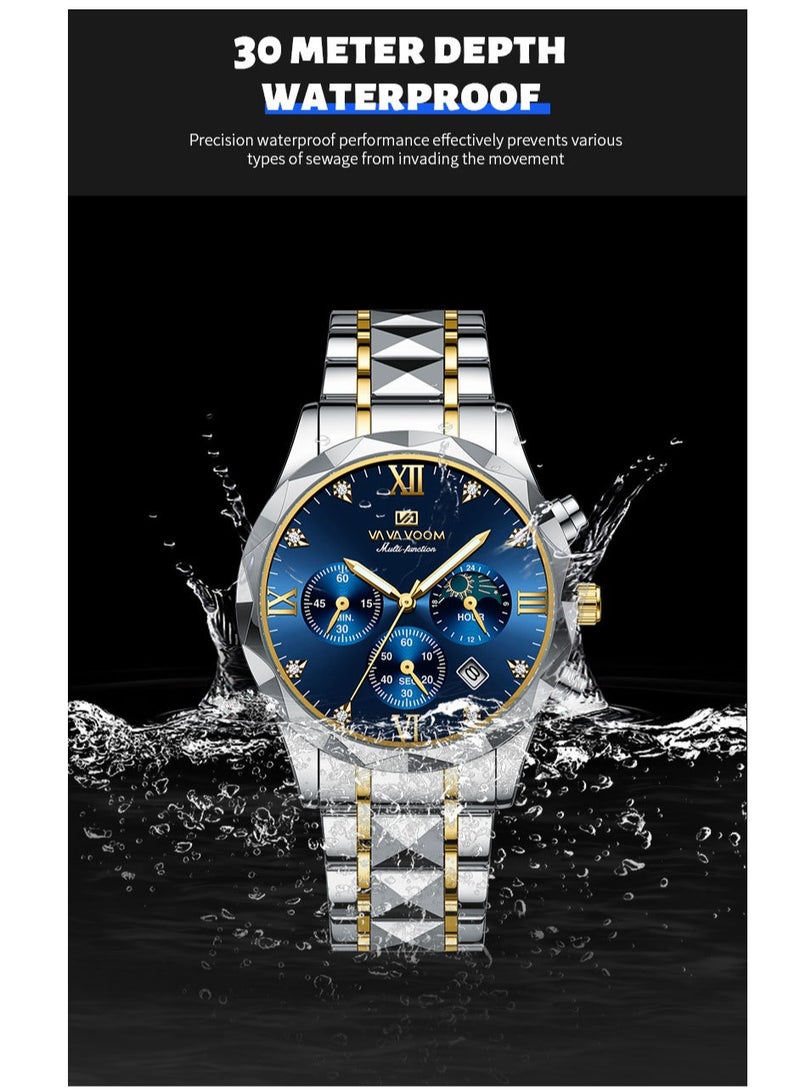 VA VA VOOM Watches For Men Stainless Steel Quartz Water Resistant Watch Gold&Silver - Image 3