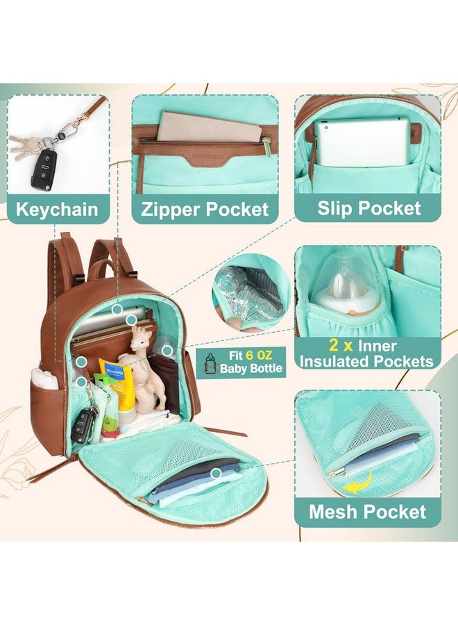 MOMINSIDE حقيبة حفاضات صغيرة MOMINSIDE، حقيبة حفاضات ميني مع 11 جيب، حقيبة حفاضات جلدية، حقيبة حفاضات للأطفال البنات، 2 جيب معزول، أحزمة عربة الأطفال (بني) - Image 3