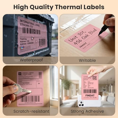FINDAT 4''× 6'' Thermal Labels Pink Vinyl Direct Printer Shipping Label Roll Rectangle Waterproof Self-Adhesive Perforated Address Mailing Stickers for UPS Package Business Postage Barcode 250 PCS - Image 5