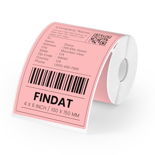 FINDAT 4''× 6'' Thermal Labels Pink Vinyl Direct Printer Shipping Label Roll Rectangle Waterproof Self-Adhesive Perforated Address Mailing Stickers for UPS Package Business Postage Barcode 250 PCS - Image 1