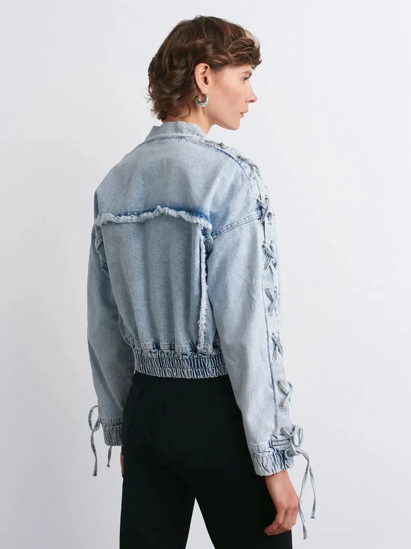 ديلفين DILVIN Women's Cropped Denim Jacket With Shirt Collar