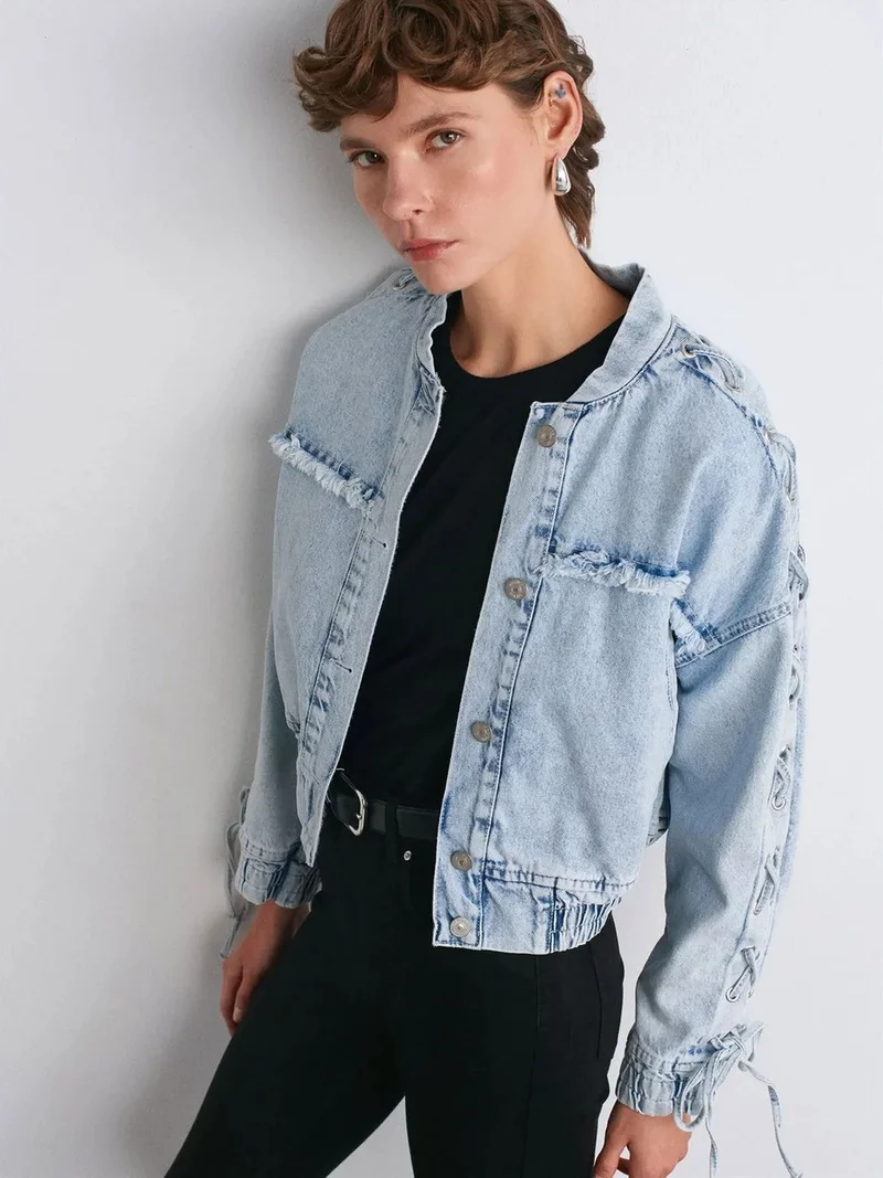 ديلفين DILVIN Women's Cropped Denim Jacket With Shirt Collar