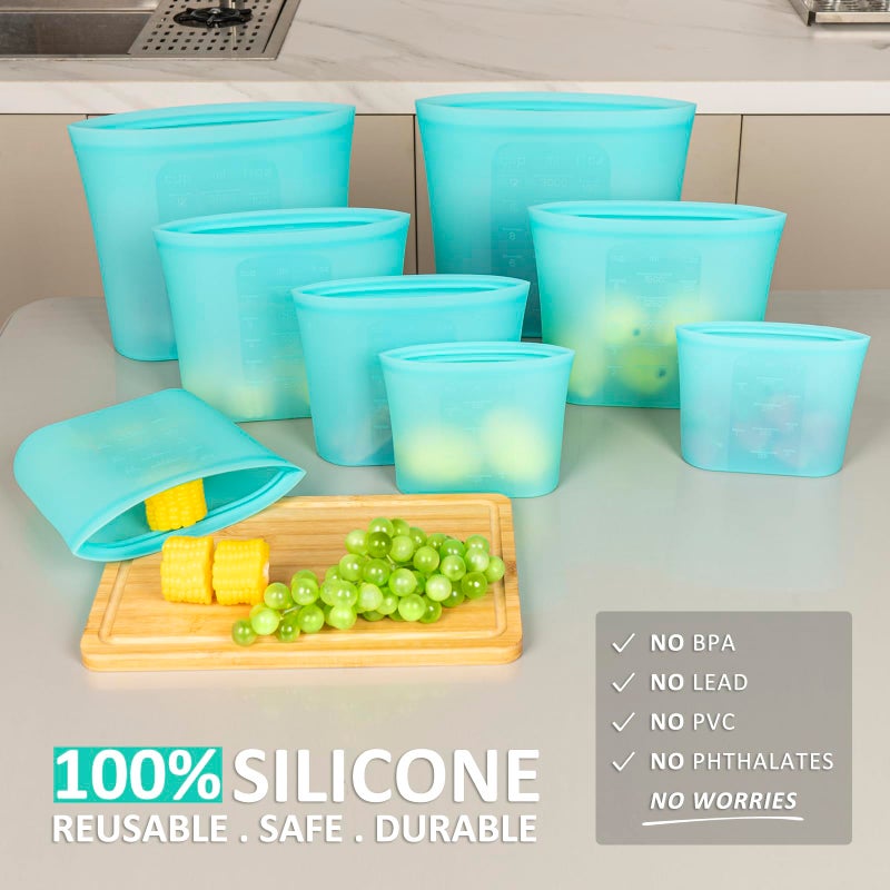 Annaklin Reusable Storage Bag, 8 Pack 100% Silicone Food Storage Bags Stand Up Zip Lock Bags for Food Container, Freezer Microwave Oven Dishwasher Safe, 2 X-Large(0.8 Gallon) 2 Medium 2 Small 2 X-Small, Aqua - Image 2