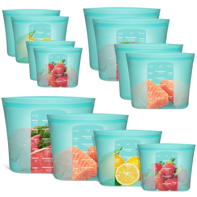 Annaklin Reusable Storage Bag, 8 Pack 100% Silicone Food Storage Bags Stand Up Zip Lock Bags for Food Container, Freezer Microwave Oven Dishwasher Safe, 2 X-Large(0.8 Gallon) 2 Medium 2 Small 2 X-Small, Aqua - Image 1