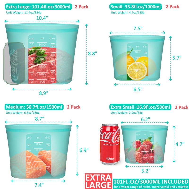 Annaklin Reusable Storage Bag, 8 Pack 100% Silicone Food Storage Bags Stand Up Zip Lock Bags for Food Container, Freezer Microwave Oven Dishwasher Safe, 2 X-Large(0.8 Gallon) 2 Medium 2 Small 2 X-Small, Aqua - Image 3