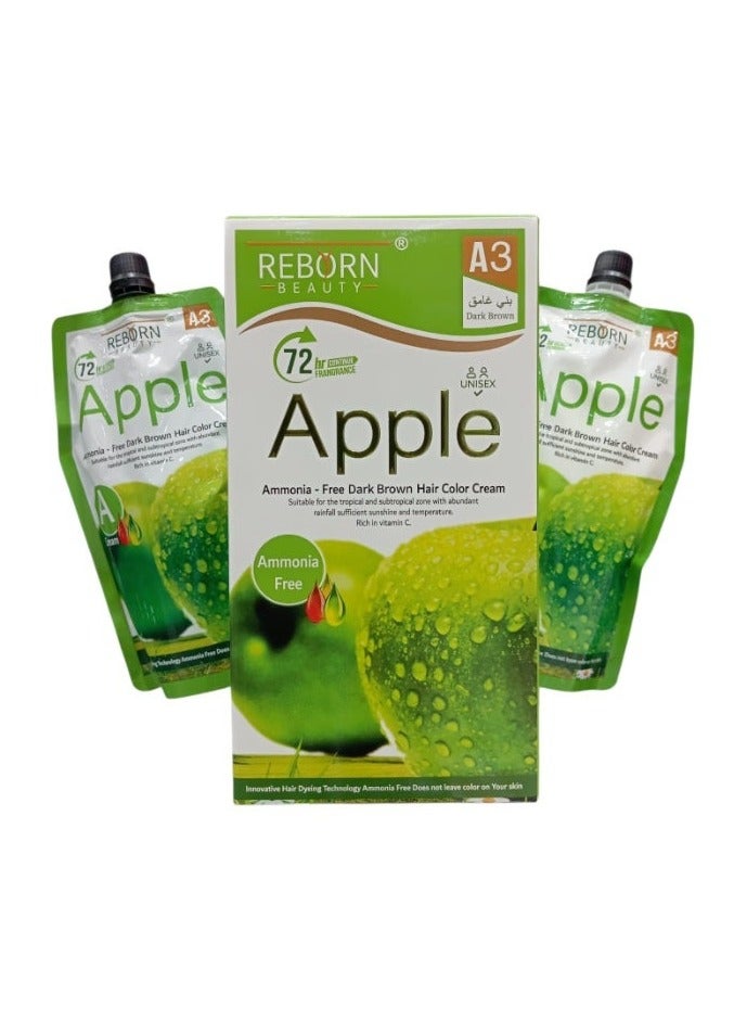 Reborn Apple Hair Color Cream A3 Dark Brown - Ammonia Free Unisex Hair Dye Rich in Vitamin C - Image 1