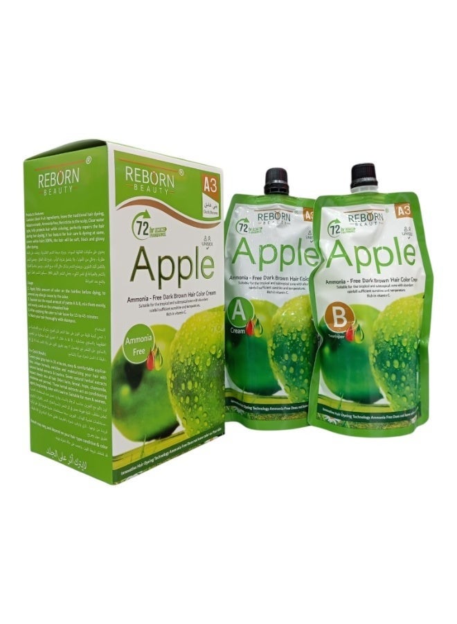 Reborn Apple Hair Color Cream A3 Dark Brown - Ammonia Free Unisex Hair Dye Rich in Vitamin C - Image 2