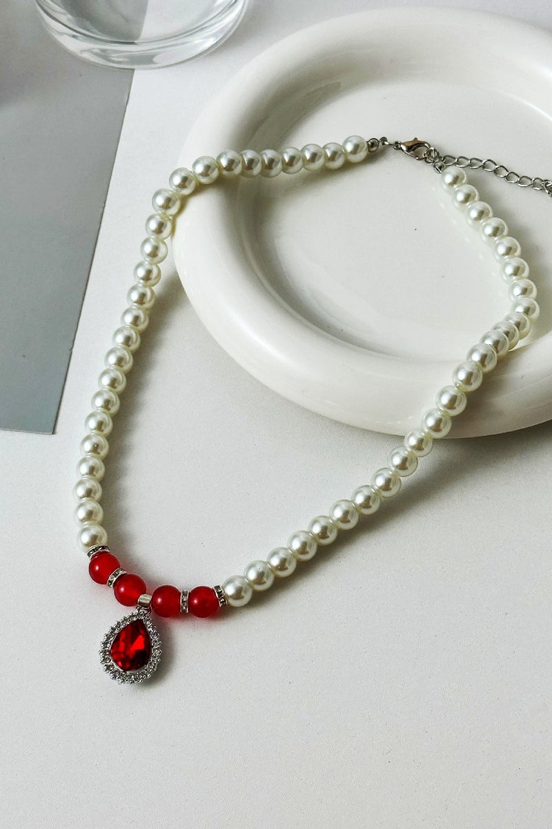 Goolsky Vintage Pearl Necklace with Red Crystal Pendant – Elegant & Romantic Choker for Women, Valentine’s Gift Jewelry  - Image 2