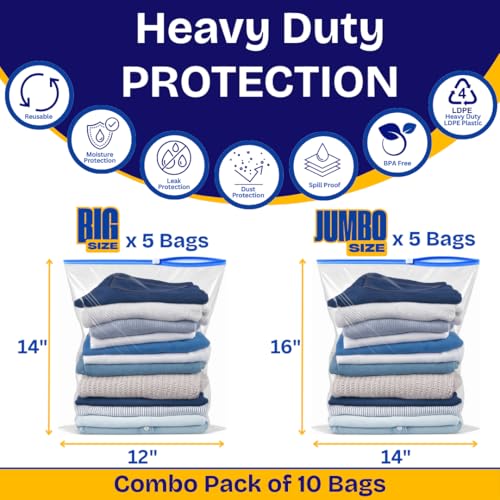 GREENTWISH Zip 'N' Seal Reusable Transparent Storage Bag with Slider Zipper, Organiser for Clothes, Shoes, Garment, Home and Travel, Space Saver Plastic Bag | Combo Pack (Big+Jumbo Size) | 10 Bags - Image 2