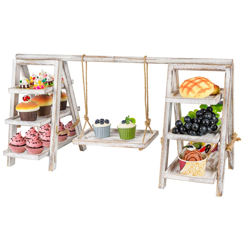 Flenpptly Wooden Cupcake Stand 3 Tier Cupcake Display Stand for Dessert Display Dessert Stands with Serving Tray and Foldable Stand for Party Birthday Wedding Events Baby Shower White