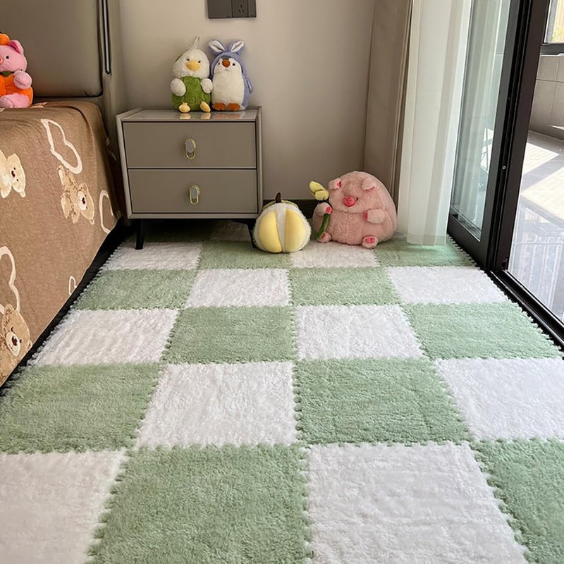LOWEMN 12 Pieces Interlocking Plush Foam Carpets, Soft and Fuzzy Rugs with Padding, Colorful Floor Protection Mats for Kids Playroom (White and Green, 11.8 X - Image 1