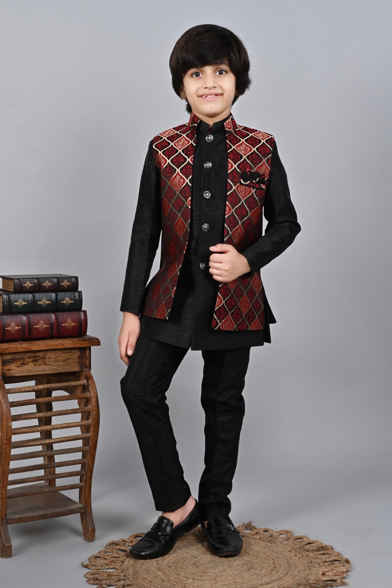 AHHAAAA Kids Ethnic Silk Blend Waistcoat Kurta Pyjama 3 Piece Sherwani Set For Boys |Red 3-4 Years| - Image 2