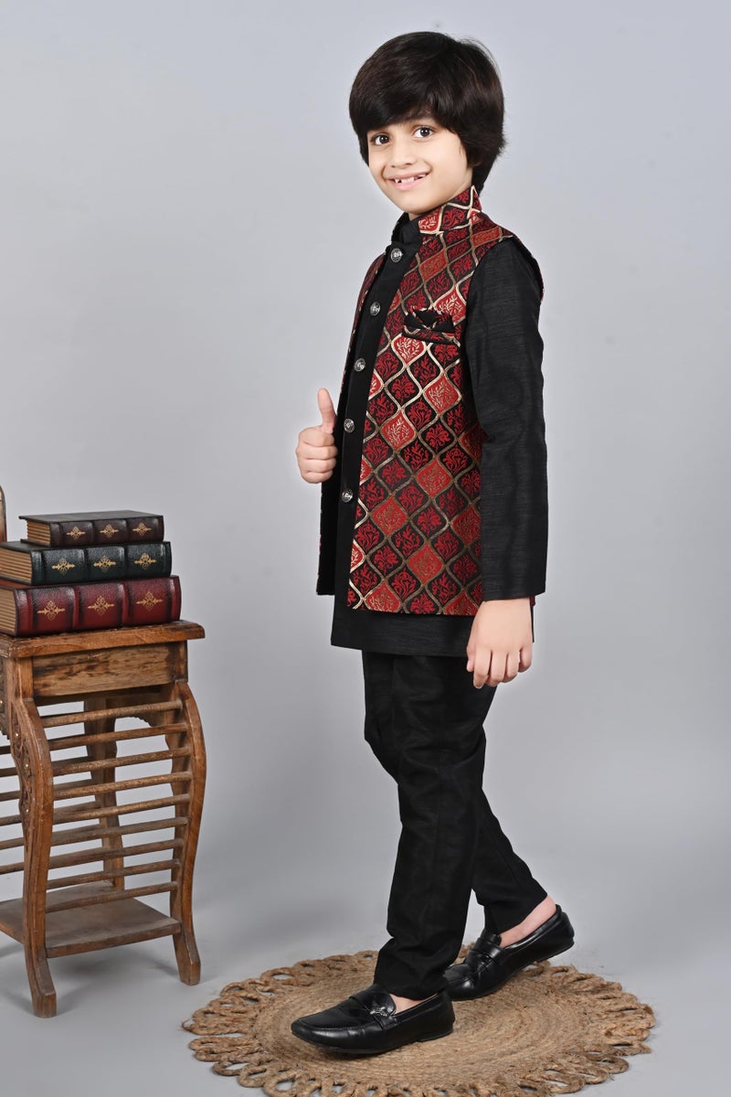 AHHAAAA Kids Ethnic Silk Blend Waistcoat Kurta Pyjama 3 Piece Sherwani Set For Boys |Red 3-4 Years| - Image 4