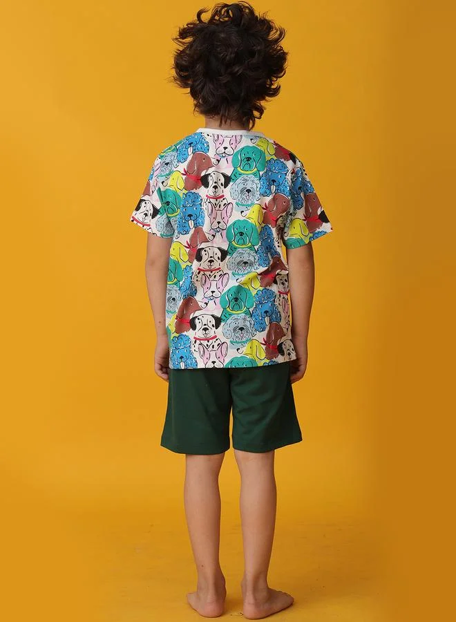 انثريلو طقم تي شيرت وشورت بأكمام قصيرة بطبعة كلاب شاملة