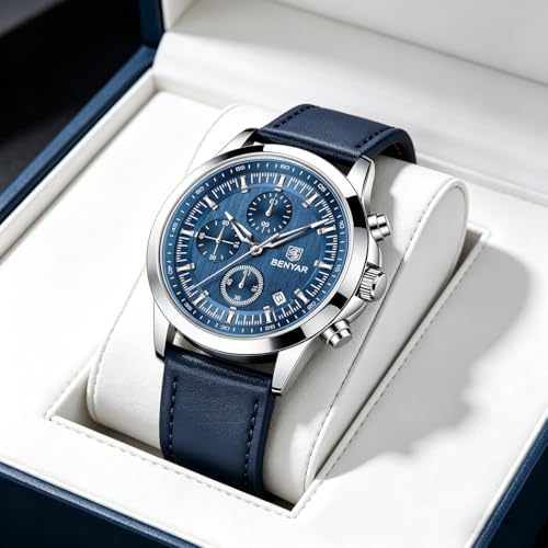 PAGRNE DESIGN BENYAR Mens Watches Analog Quartz Chronograph Waterproof Wrist Watches for Men Luminous Fashion Business Casual Sport Elegant Dress Watch with Calendar Stainless Steel/Leather Strap - Image 3