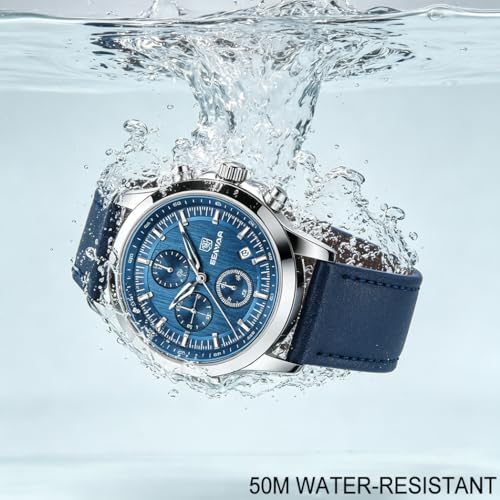 PAGRNE DESIGN BENYAR Mens Watches Analog Quartz Chronograph Waterproof Wrist Watches for Men Luminous Fashion Business Casual Sport Elegant Dress Watch with Calendar Stainless Steel/Leather Strap - Image 4