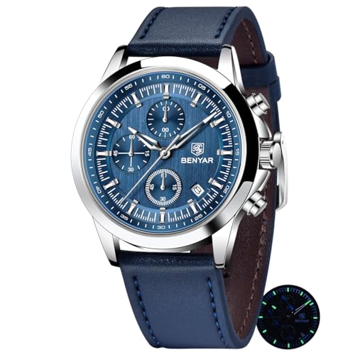PAGRNE DESIGN BENYAR Mens Watches Analog Quartz Chronograph Waterproof Wrist Watches for Men Luminous Fashion Business Casual Sport Elegant Dress Watch with Calendar Stainless Steel/Leather Strap - Image 1