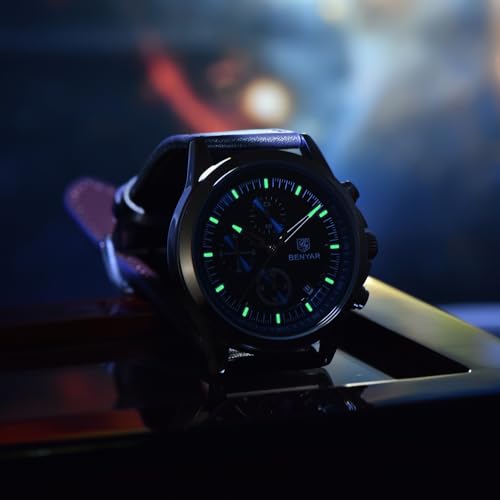 PAGRNE DESIGN BENYAR Mens Watches Analog Quartz Chronograph Waterproof Wrist Watches for Men Luminous Fashion Business Casual Sport Elegant Dress Watch with Calendar Stainless Steel/Leather Strap - Image 5